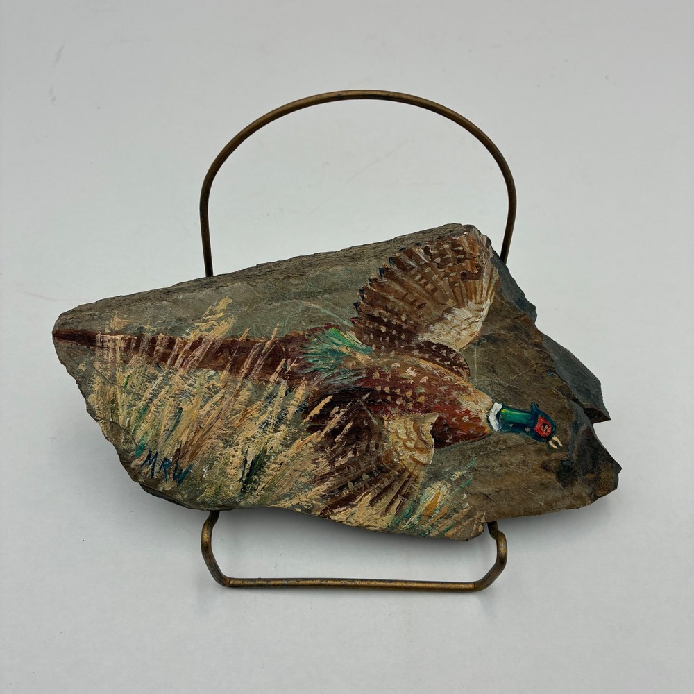 Hand Painted Slate Rock Ring-Necked Pheasant Wildlife Art Signed MRW